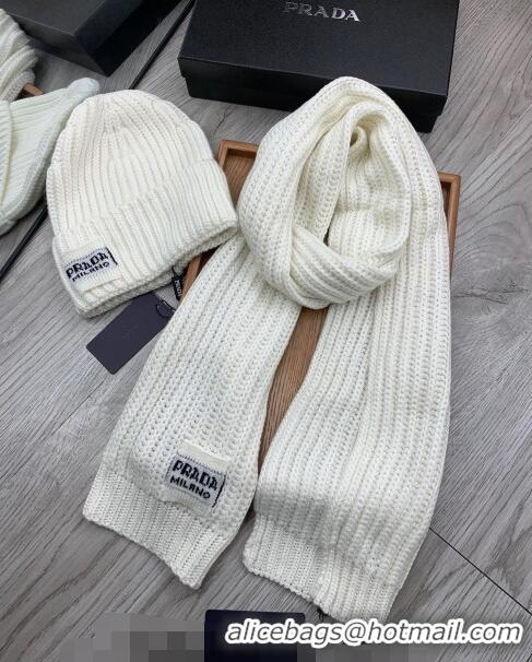 Super Quality Prada Knit Hat and Scarf Set P1108 White 2023