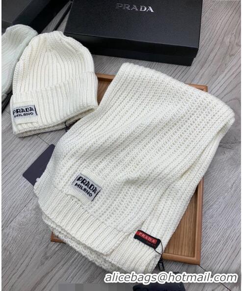 Super Quality Prada Knit Hat and Scarf Set P1108 White 2023