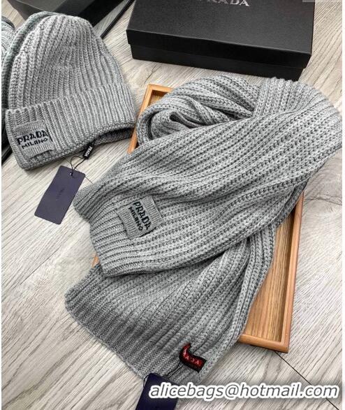 Famous Brand Prada Knit Hat and Scarf Set P1108 Grey 2023