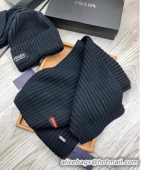 Unique Discount Prada Knit Hat and Scarf Set P1108 Black 2023