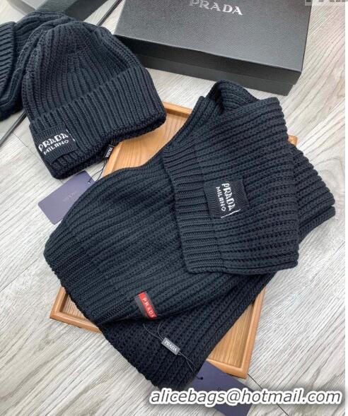 Unique Discount Prada Knit Hat and Scarf Set P1108 Black 2023