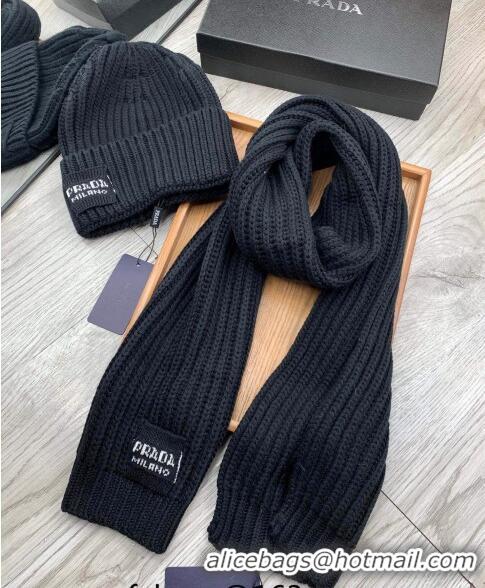 Unique Discount Prada Knit Hat and Scarf Set P1108 Black 2023