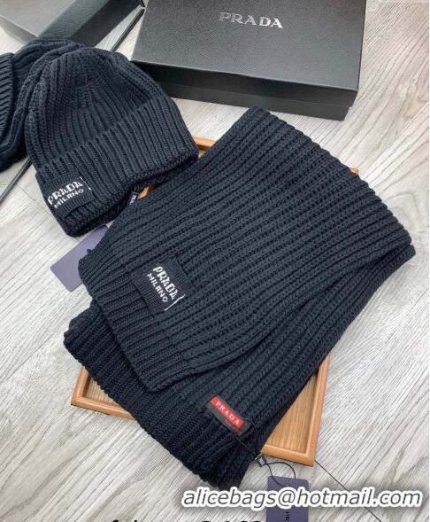 Unique Discount Prada Knit Hat and Scarf Set P1108 Black 2023