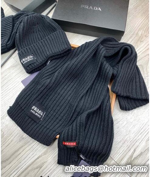 Unique Discount Prada Knit Hat and Scarf Set P1108 Black 2023