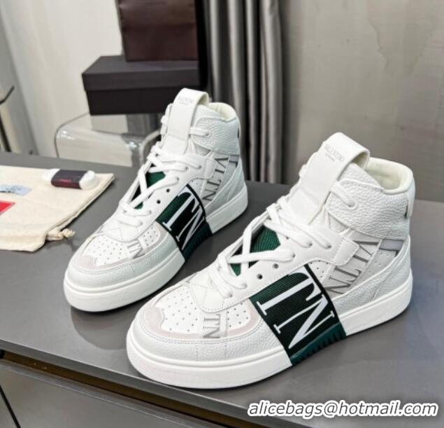 Charming Valentino VL7N High Banded Calfskin and Mesh Sneakers White/Green 121137