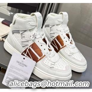 Pretty Style Valentino VL7N High Banded Calfskin and Mesh Sneakers White/Brown 1121139