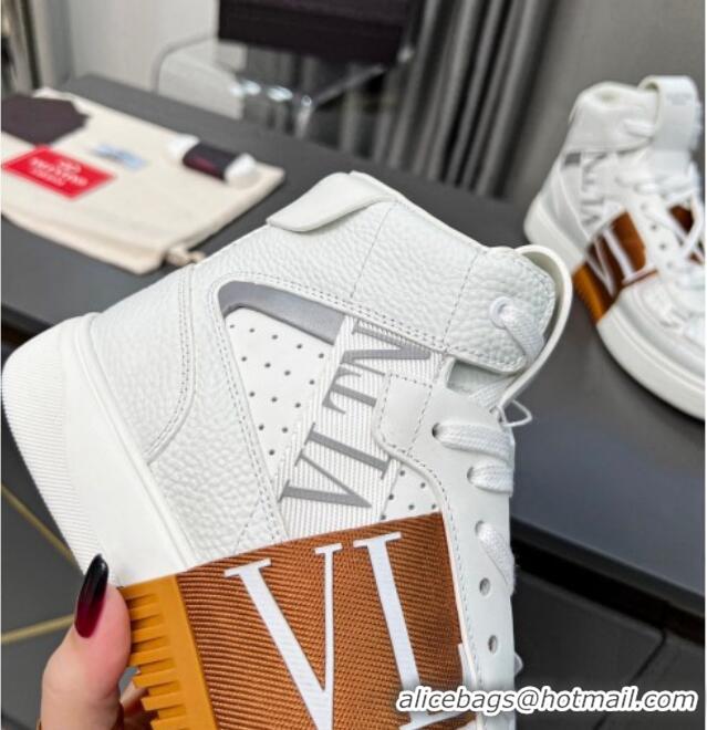 Pretty Style Valentino VL7N High Banded Calfskin and Mesh Sneakers White/Brown 1121139