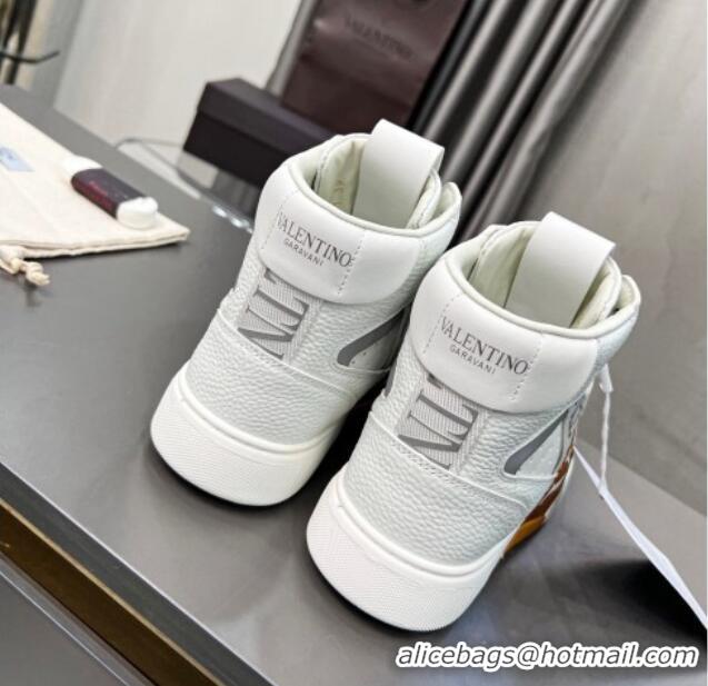 Pretty Style Valentino VL7N High Banded Calfskin and Mesh Sneakers White/Brown 1121139