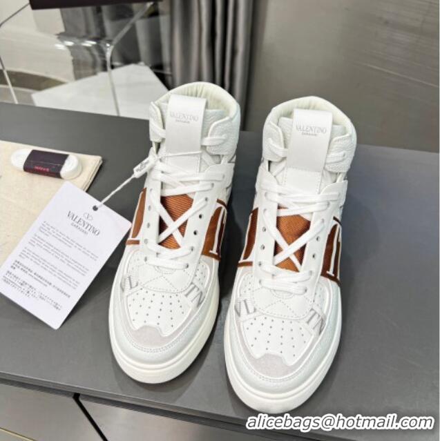 Pretty Style Valentino VL7N High Banded Calfskin and Mesh Sneakers White/Brown 1121139