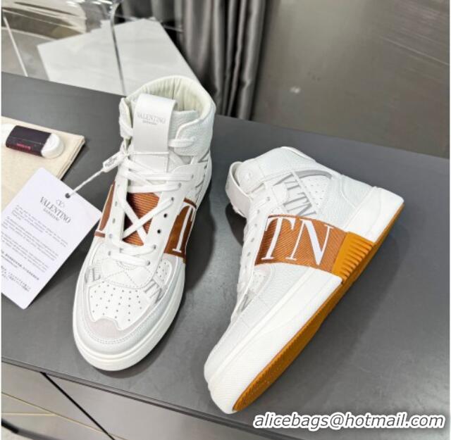 Pretty Style Valentino VL7N High Banded Calfskin and Mesh Sneakers White/Brown 1121139