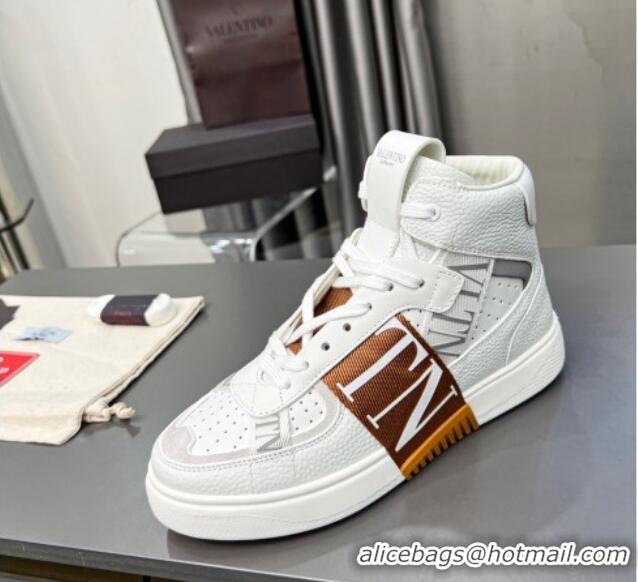 Pretty Style Valentino VL7N High Banded Calfskin and Mesh Sneakers White/Brown 1121139