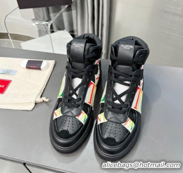 Classic Hot Valentino VL7N High Banded Calfskin and Mesh Sneakers Black/Multicolor 1121140