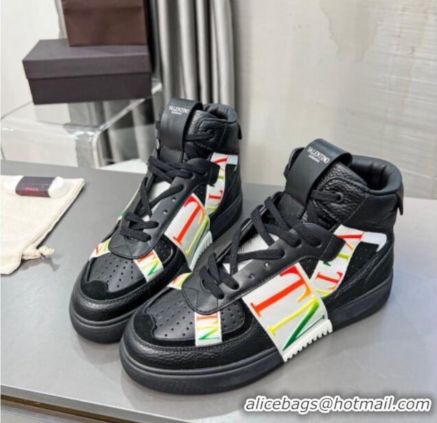 Classic Hot Valentino VL7N High Banded Calfskin and Mesh Sneakers Black/Multicolor 1121140