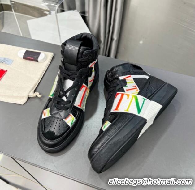 Classic Hot Valentino VL7N High Banded Calfskin and Mesh Sneakers Black/Multicolor 1121140