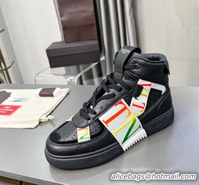 Classic Hot Valentino VL7N High Banded Calfskin and Mesh Sneakers Black/Multicolor 1121140