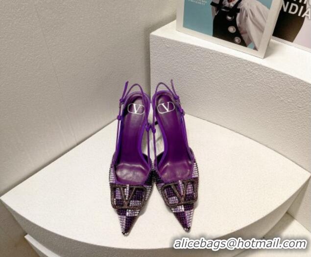 Sumptuous Valentino VLogo Slingback Pumps 7.5cm in Damier Crystals Purple 1121141