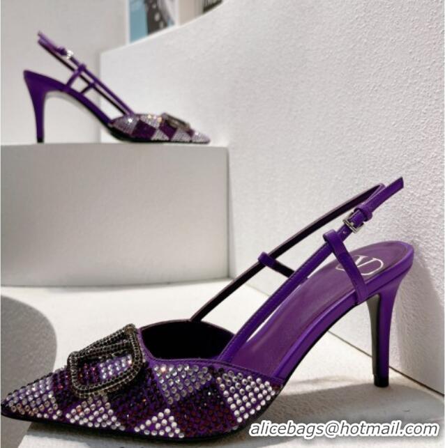 Sumptuous Valentino VLogo Slingback Pumps 7.5cm in Damier Crystals Purple 1121141