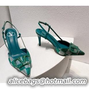 Stylish Valentino VLogo Slingback Pumps 7.5cm in Damier Crystals Green 121142