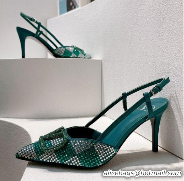 Stylish Valentino VLogo Slingback Pumps 7.5cm in Damier Crystals Green 121142