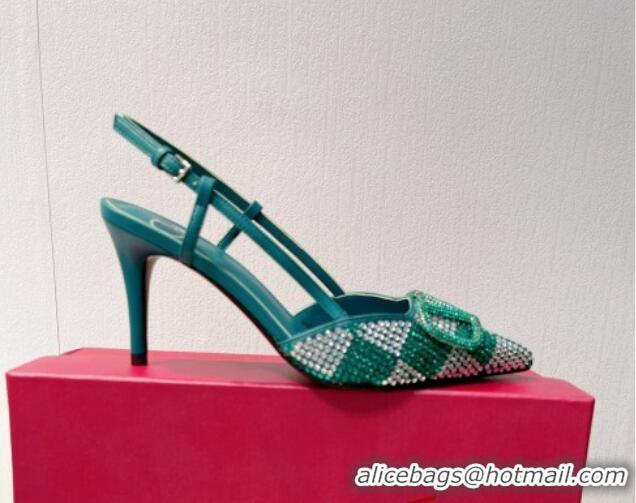 Stylish Valentino VLogo Slingback Pumps 7.5cm in Damier Crystals Green 121142