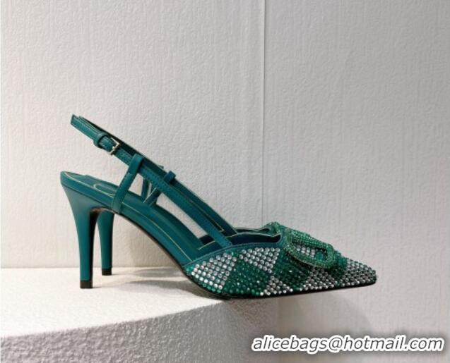 Stylish Valentino VLogo Slingback Pumps 7.5cm in Damier Crystals Green 121142