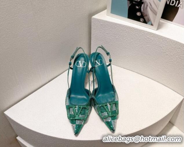 Stylish Valentino VLogo Slingback Pumps 7.5cm in Damier Crystals Green 121142