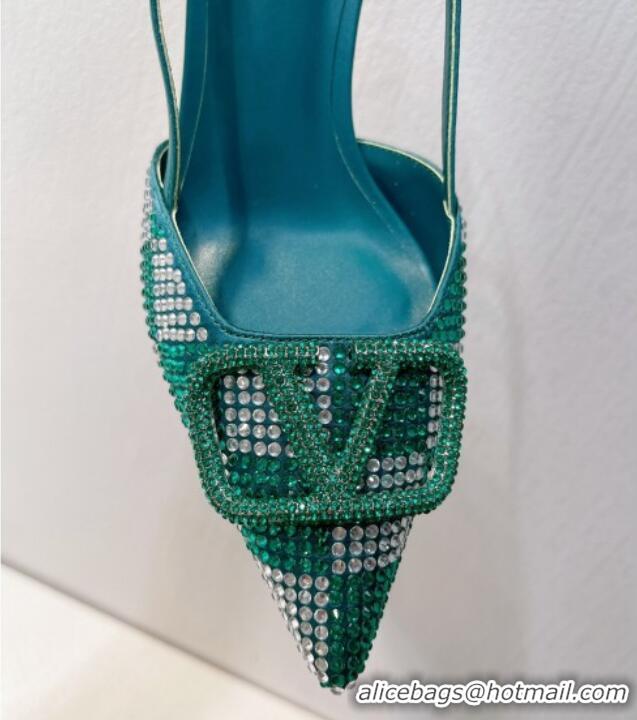 Stylish Valentino VLogo Slingback Pumps 7.5cm in Damier Crystals Green 121142