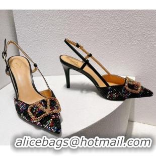 Buy Luxury Valentino VLogo Slingback Pumps 7.5cm in Damier Crystals Black/Multicolor 1121143