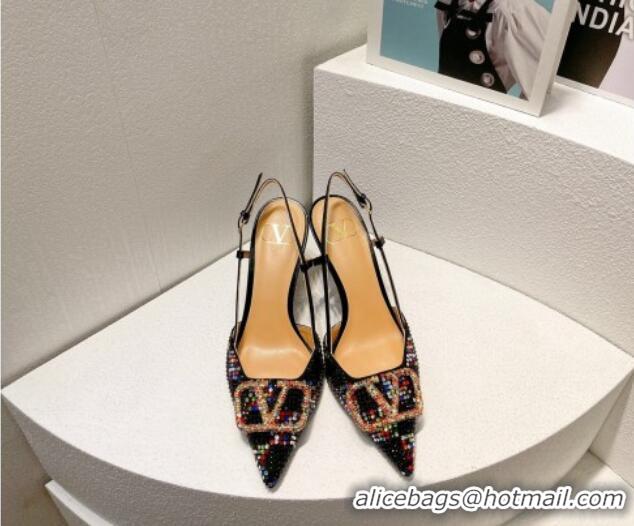 Buy Luxury Valentino VLogo Slingback Pumps 7.5cm in Damier Crystals Black/Multicolor 1121143