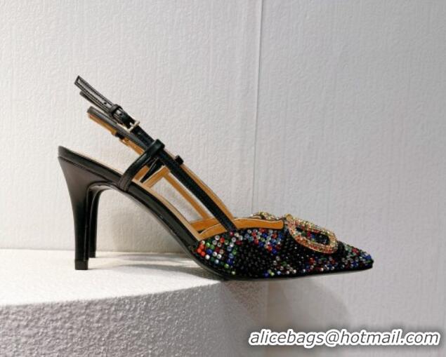 Buy Luxury Valentino VLogo Slingback Pumps 7.5cm in Damier Crystals Black/Multicolor 1121143