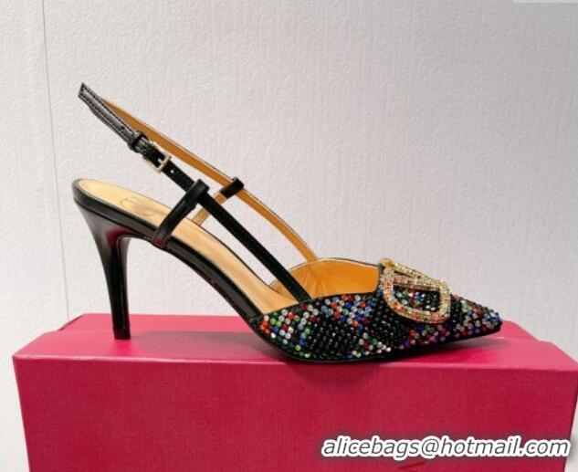 Buy Luxury Valentino VLogo Slingback Pumps 7.5cm in Damier Crystals Black/Multicolor 1121143