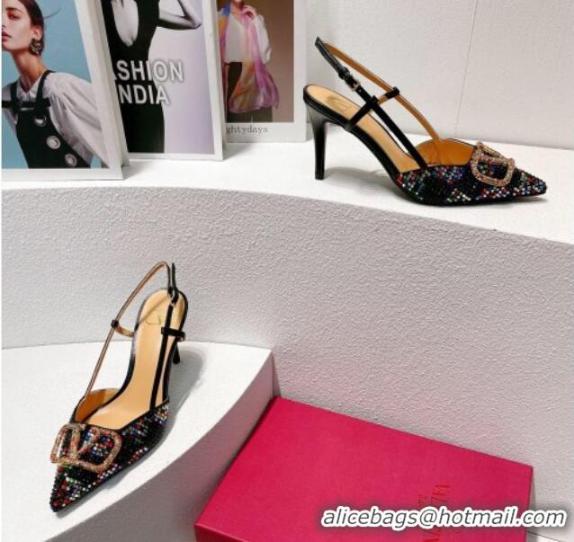 Buy Luxury Valentino VLogo Slingback Pumps 7.5cm in Damier Crystals Black/Multicolor 1121143