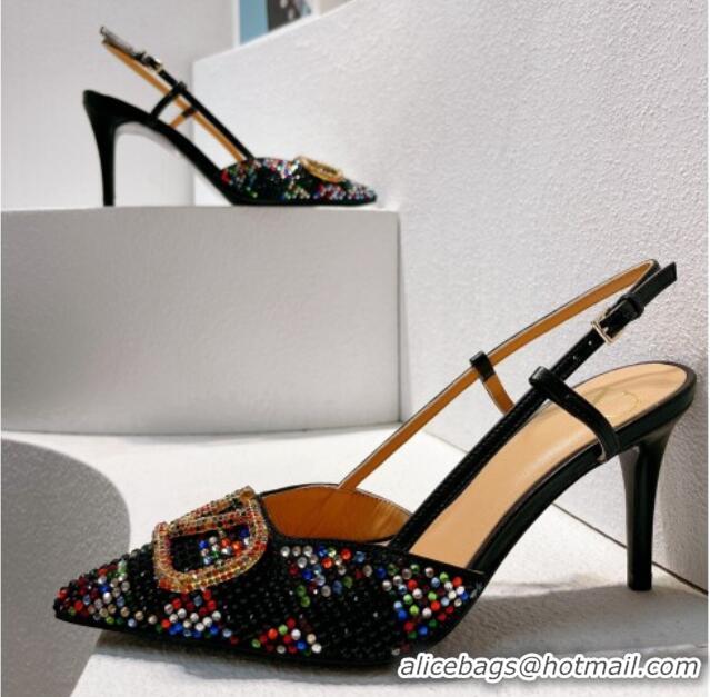 Buy Luxury Valentino VLogo Slingback Pumps 7.5cm in Damier Crystals Black/Multicolor 1121143