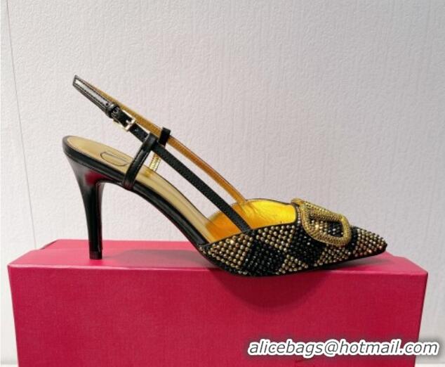 Generous Valentino VLogo Slingback Pumps 7.5cm in Damier Crystals Black/Gold 121144