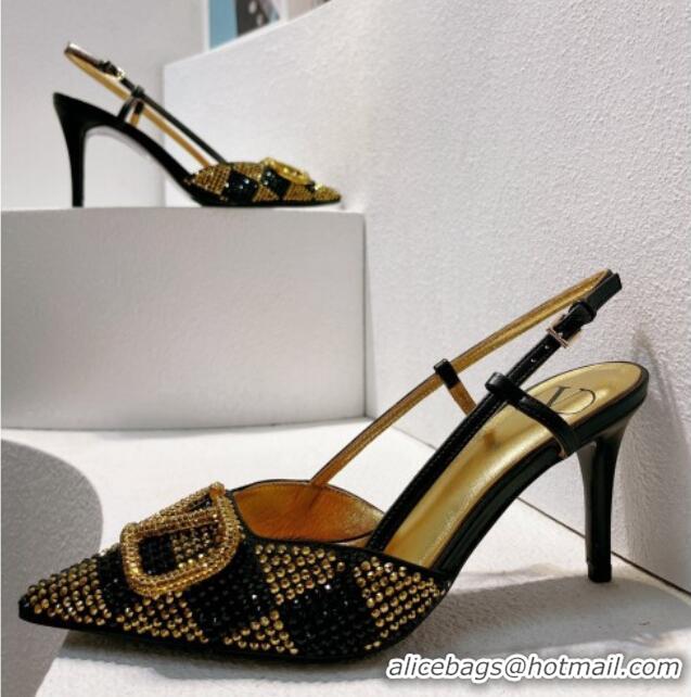 Generous Valentino VLogo Slingback Pumps 7.5cm in Damier Crystals Black/Gold 121144