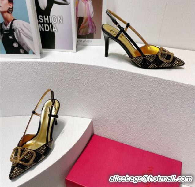 Generous Valentino VLogo Slingback Pumps 7.5cm in Damier Crystals Black/Gold 121144