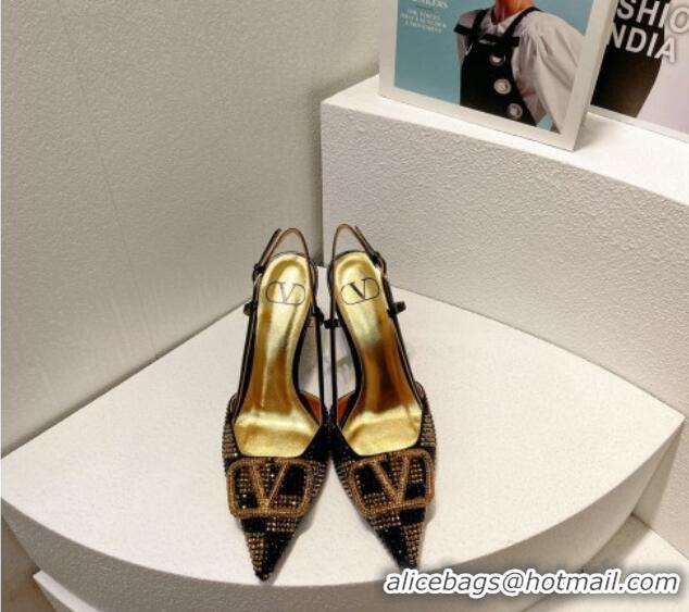 Generous Valentino VLogo Slingback Pumps 7.5cm in Damier Crystals Black/Gold 121144