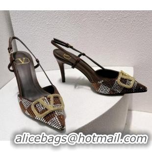 Discount Valentino VLogo Slingback Pumps 7.5cm in Damier Crystals Dark Brown 121145