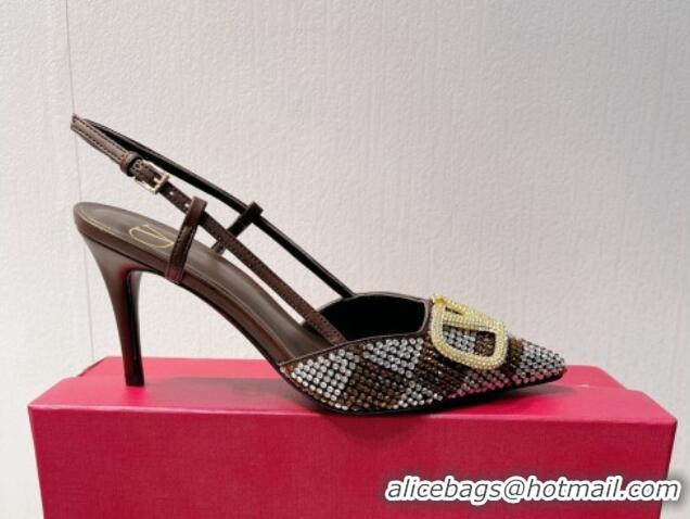 Discount Valentino VLogo Slingback Pumps 7.5cm in Damier Crystals Dark Brown 121145