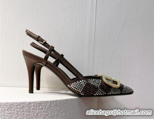 Discount Valentino VLogo Slingback Pumps 7.5cm in Damier Crystals Dark Brown 121145