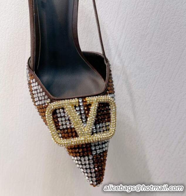 Discount Valentino VLogo Slingback Pumps 7.5cm in Damier Crystals Dark Brown 121145