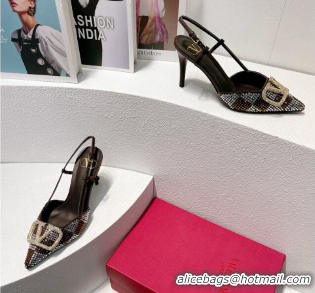 Discount Valentino VLogo Slingback Pumps 7.5cm in Damier Crystals Dark Brown 121145