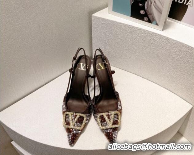 Discount Valentino VLogo Slingback Pumps 7.5cm in Damier Crystals Dark Brown 121145