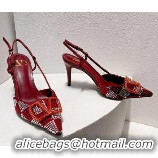 Hot Style Valentino VLogo Slingback Pumps 7.5cm in Damier Crystals Dark Red 1121146