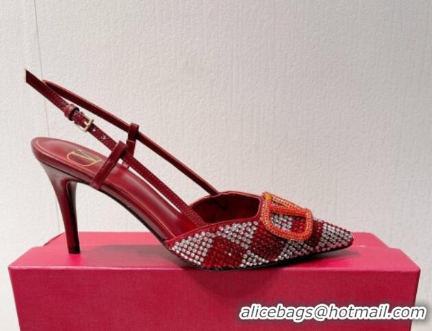 Hot Style Valentino VLogo Slingback Pumps 7.5cm in Damier Crystals Dark Red 1121146