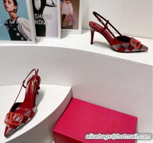 Hot Style Valentino VLogo Slingback Pumps 7.5cm in Damier Crystals Dark Red 1121146