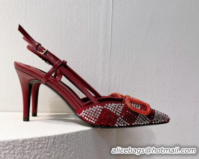 Hot Style Valentino VLogo Slingback Pumps 7.5cm in Damier Crystals Dark Red 1121146