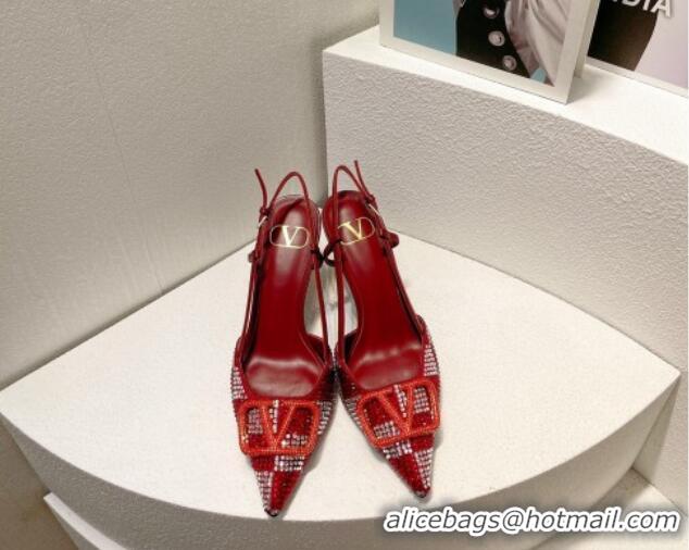 Hot Style Valentino VLogo Slingback Pumps 7.5cm in Damier Crystals Dark Red 1121146