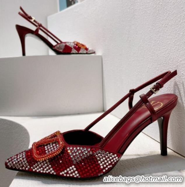 Hot Style Valentino VLogo Slingback Pumps 7.5cm in Damier Crystals Dark Red 1121146