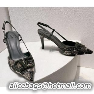 Best Product Valentino VLogo Slingback Pumps 7.5cm in Damier Crystals Dark Grey 1121147